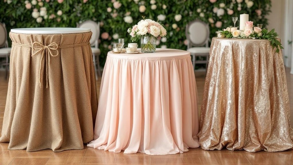 Een gastvrij gedekte tafel met statafelrok in een sfeervolle evenementenlocatie.