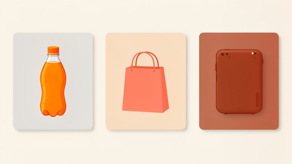 Drie objecten met oranje tinten: een fles frisdrank, een boodschappentas en een elektronisch apparaat.