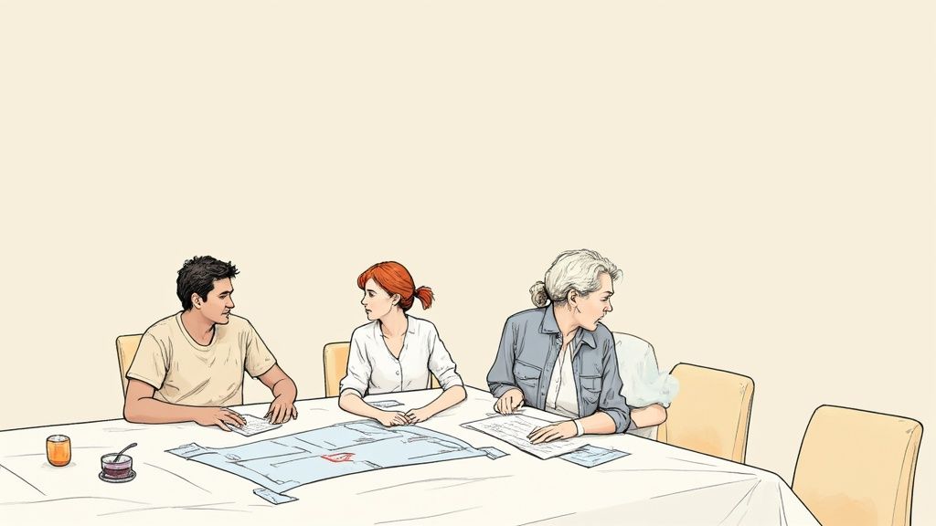 Drie mensen, twee vrouwen en één man, zitten aan een tafel en bespreken papieren, mogelijk tijdens een zakelijke vergadering of projectoverleg.