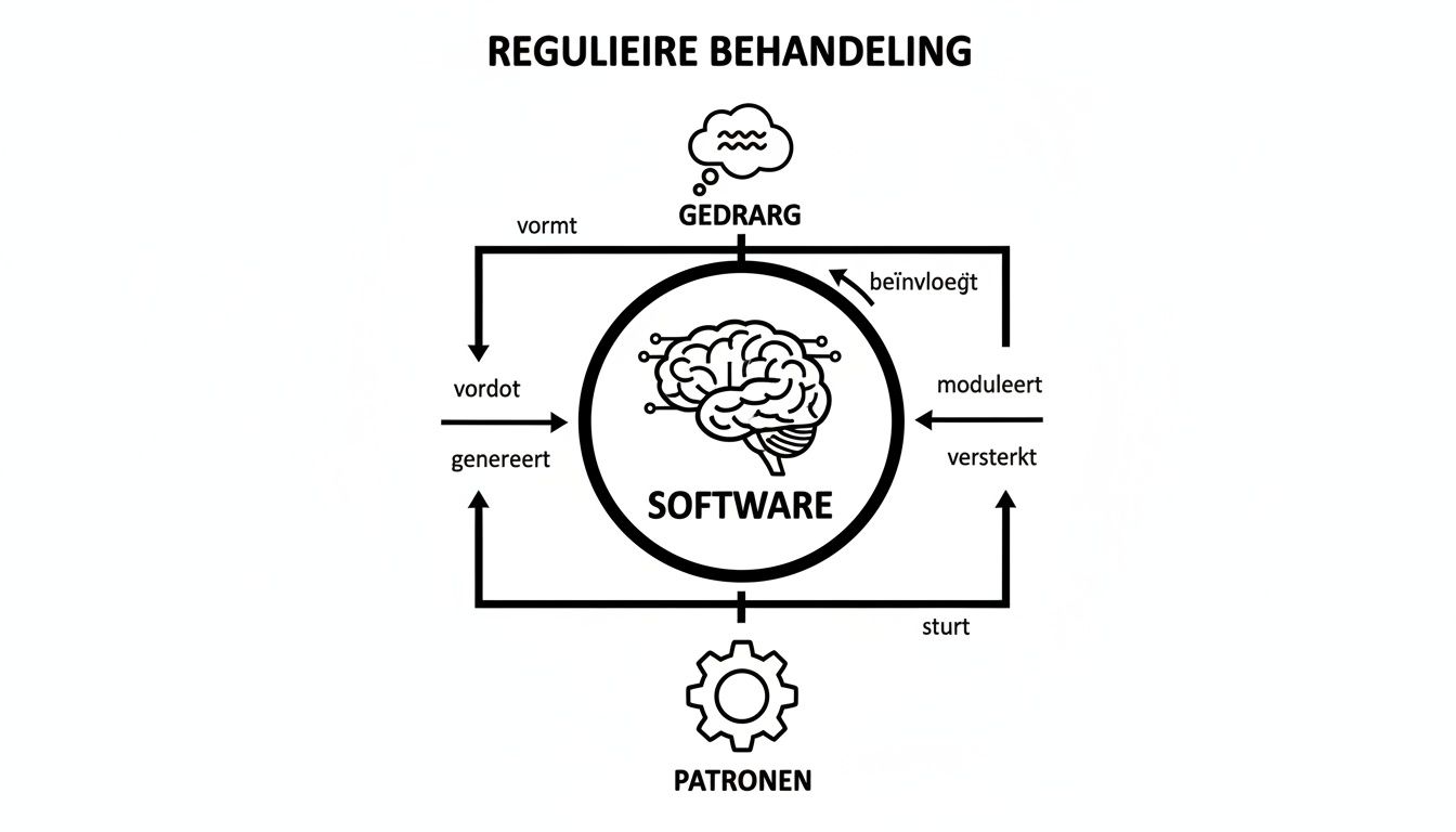 Diagram van een reguliere behandeling die de cyclische interactie tussen gedrag, interne 'software' (hersenen) en patronen toont.