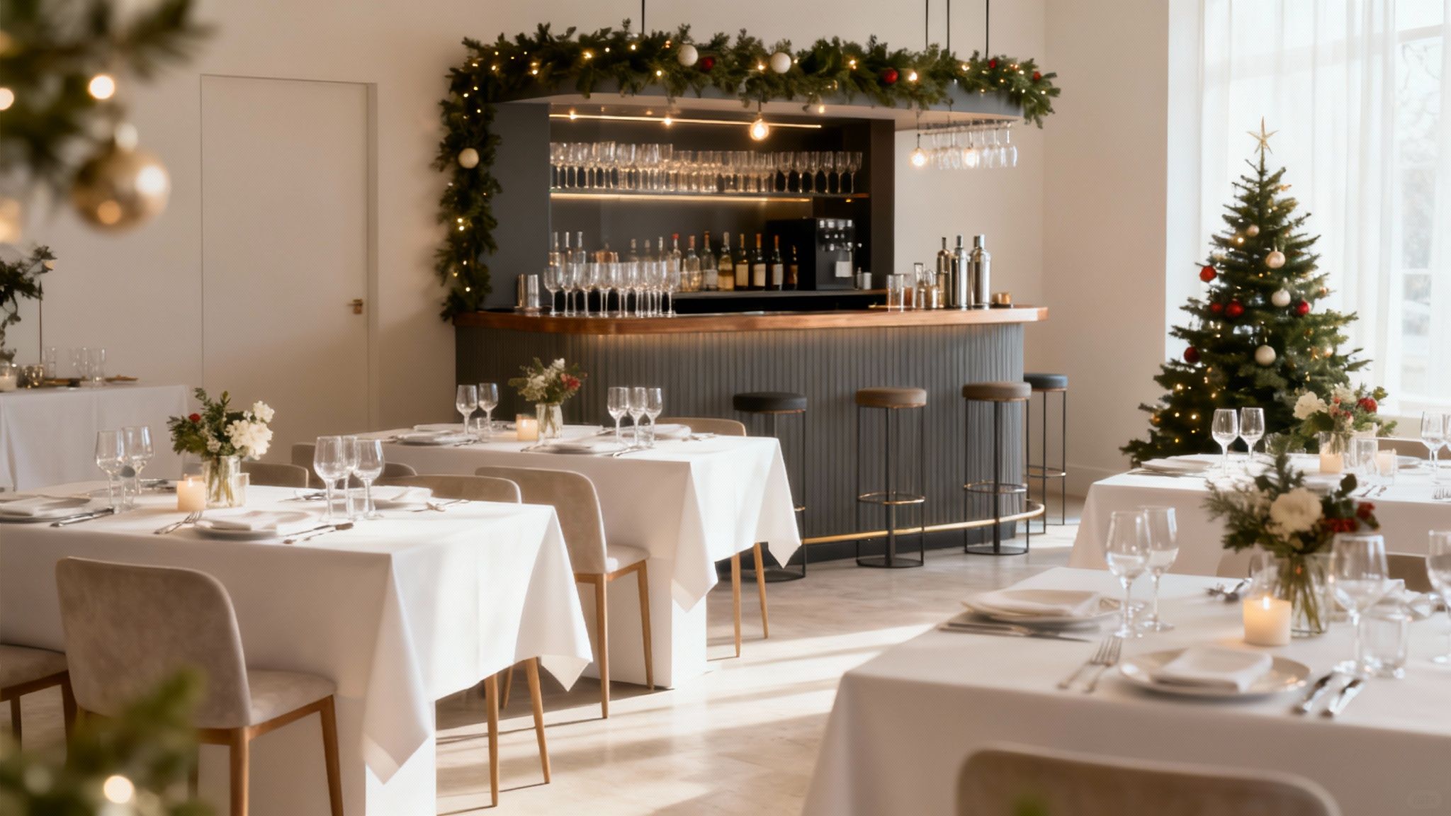 Gedekte tafel met sfeervolle verlichting en decoratie voor een evenement