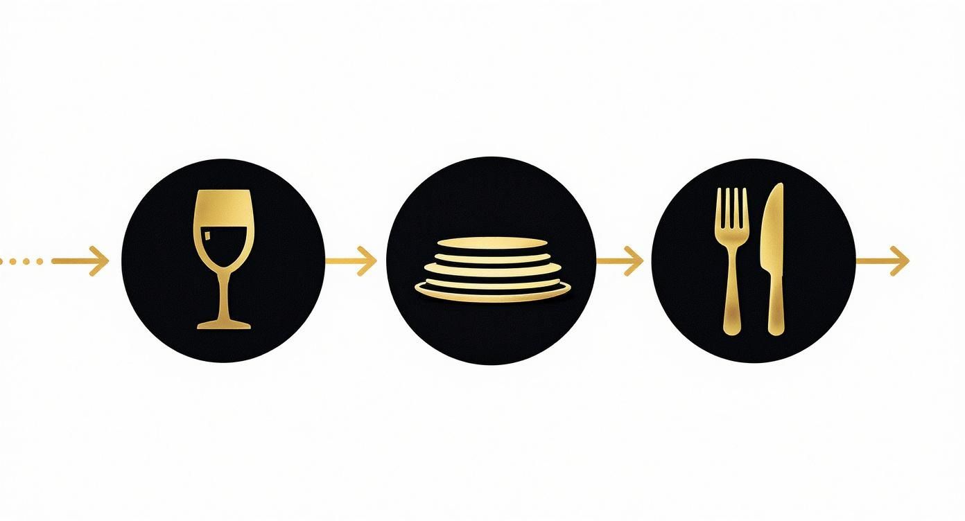 Gouden pictogrammen van wijnglas, pannenkoeken en bestek in zwarte cirkels met pijlen, die een proces voorstellen.