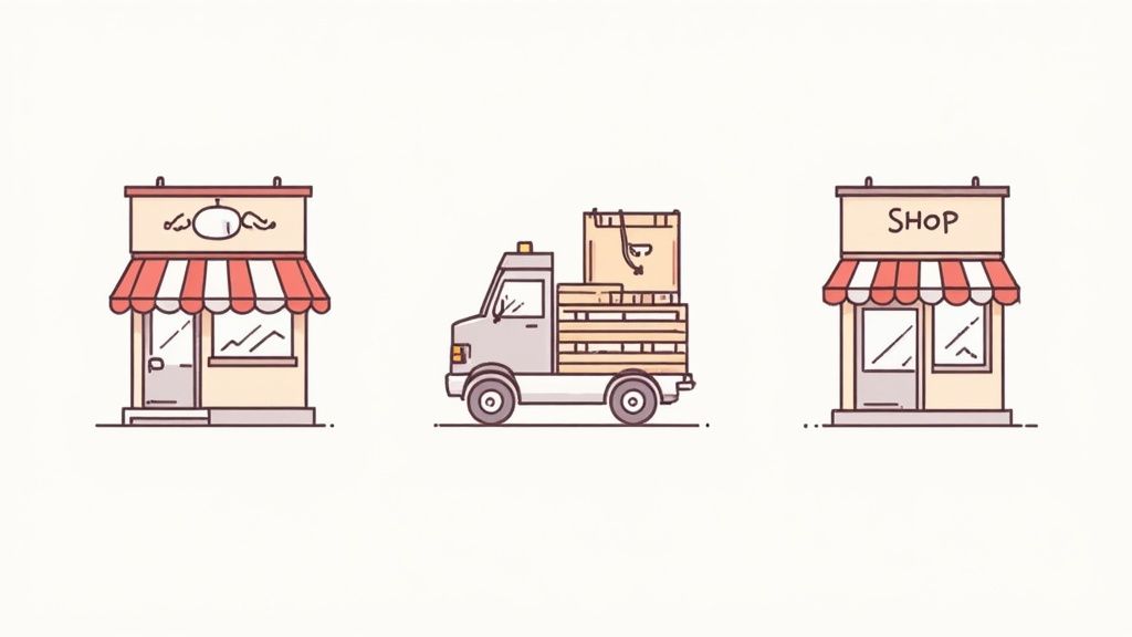 Illustratie van twee winkels en een bezorgwagen vol pakketten, symboliserend e-commerce en logistiek.