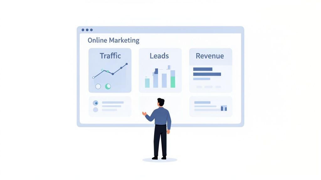 Een persoon kijkt naar een online marketing dashboard met grafieken voor verkeer, leads en omzet.