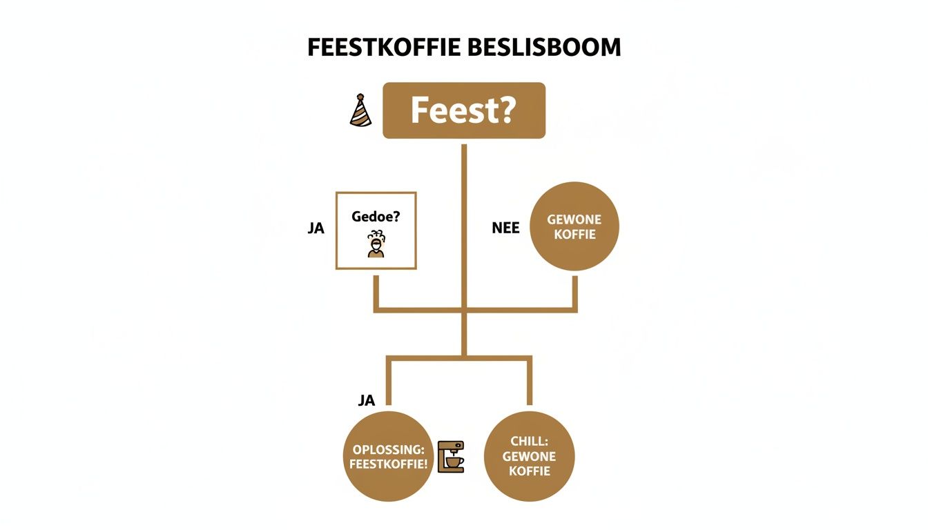 Beslisboom voor feestkoffie: bepaal of je feestkoffie of gewone koffie drinkt, afhankelijk van feest en gedoe.
