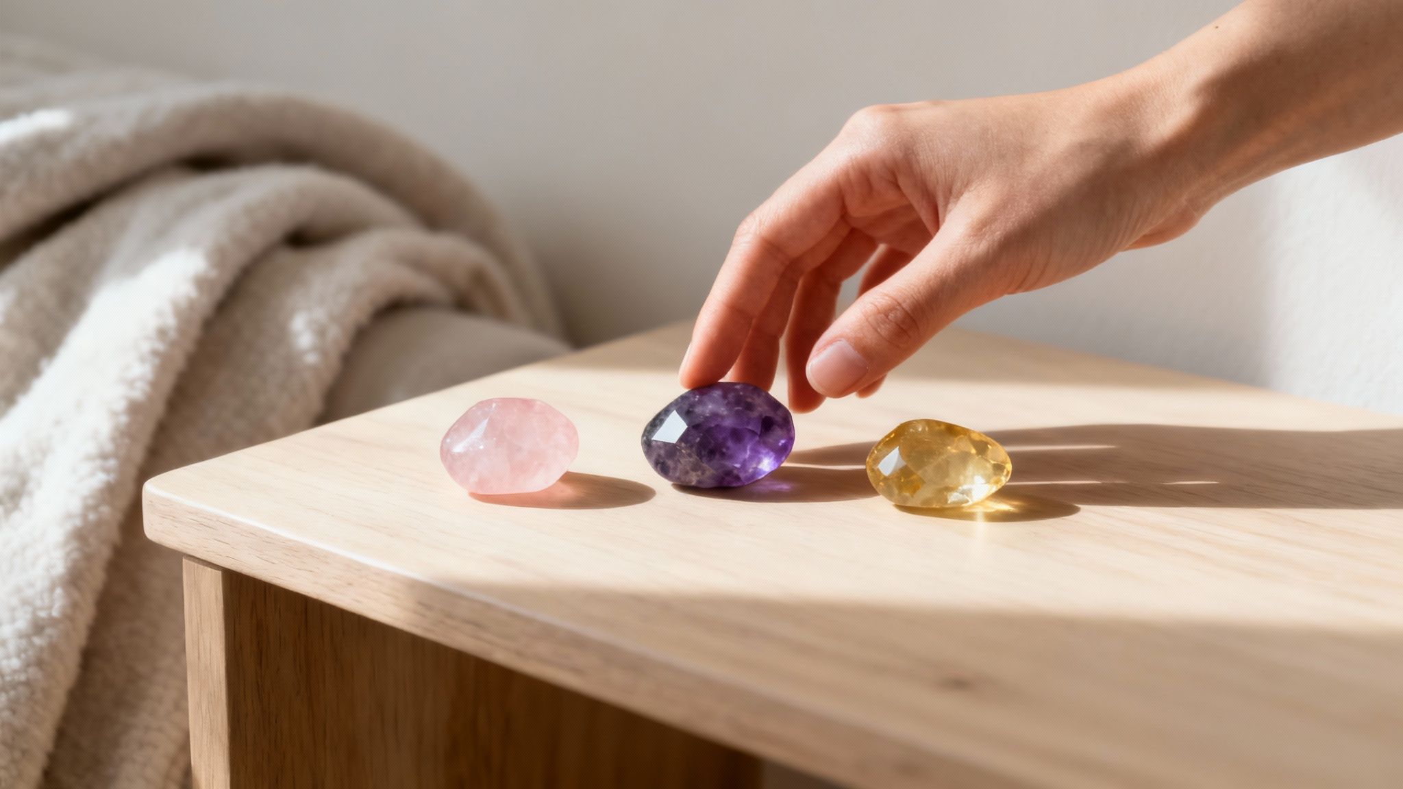 Een verzameling van diverse kristallen en edelstenen in verschillende kleuren en vormen, uitgestald in een rustgevende setting