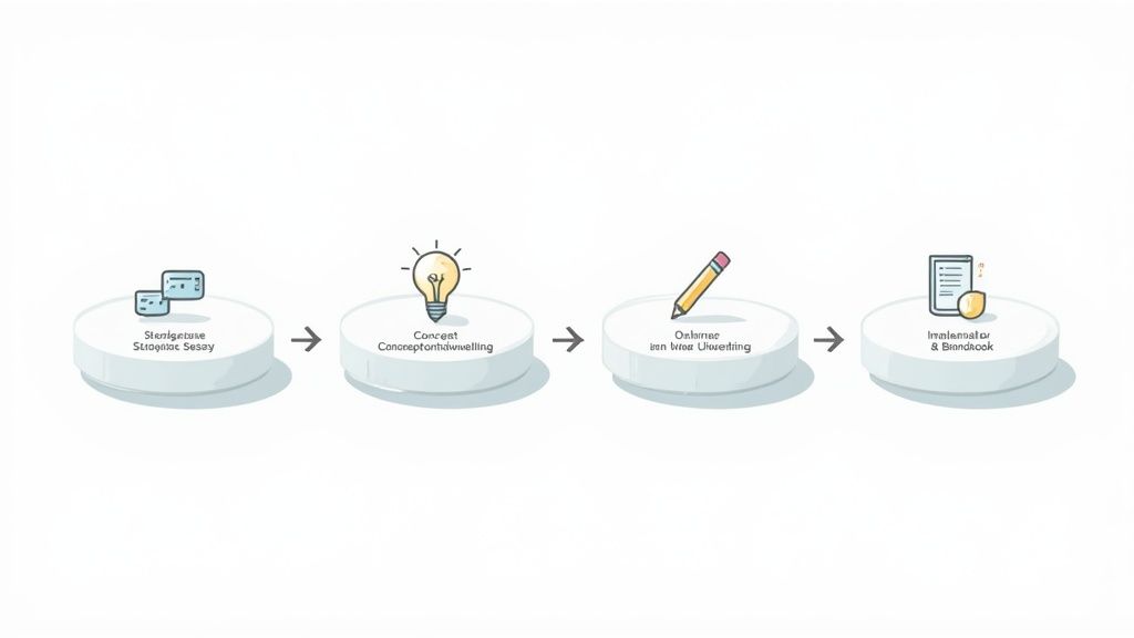 Een stroomdiagram dat de vier stappen van strategische analyse, conceptontwikkeling, ontwerp en implementatie weergeeft.