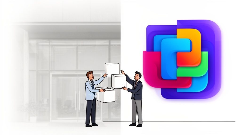 Twee cartoonmannen bouwen met blokken die overgaan in een abstract kleurrijk ontwerp, wat organisatieverandering symboliseert.