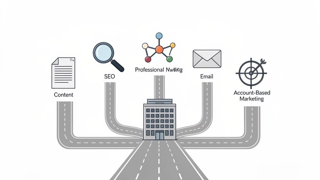 De afbeelding toont verschillende online marketingstrategieën zoals content, SEO, e-mail en ABM die leiden naar een bedrijf.