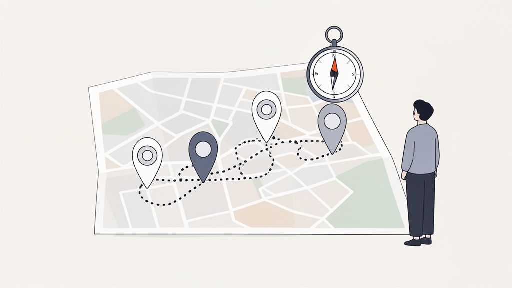 Een persoon kijkt naar een kaart met een gemarkeerde route, navigatiepunten en een kompas, wat een reisplan voorstelt.