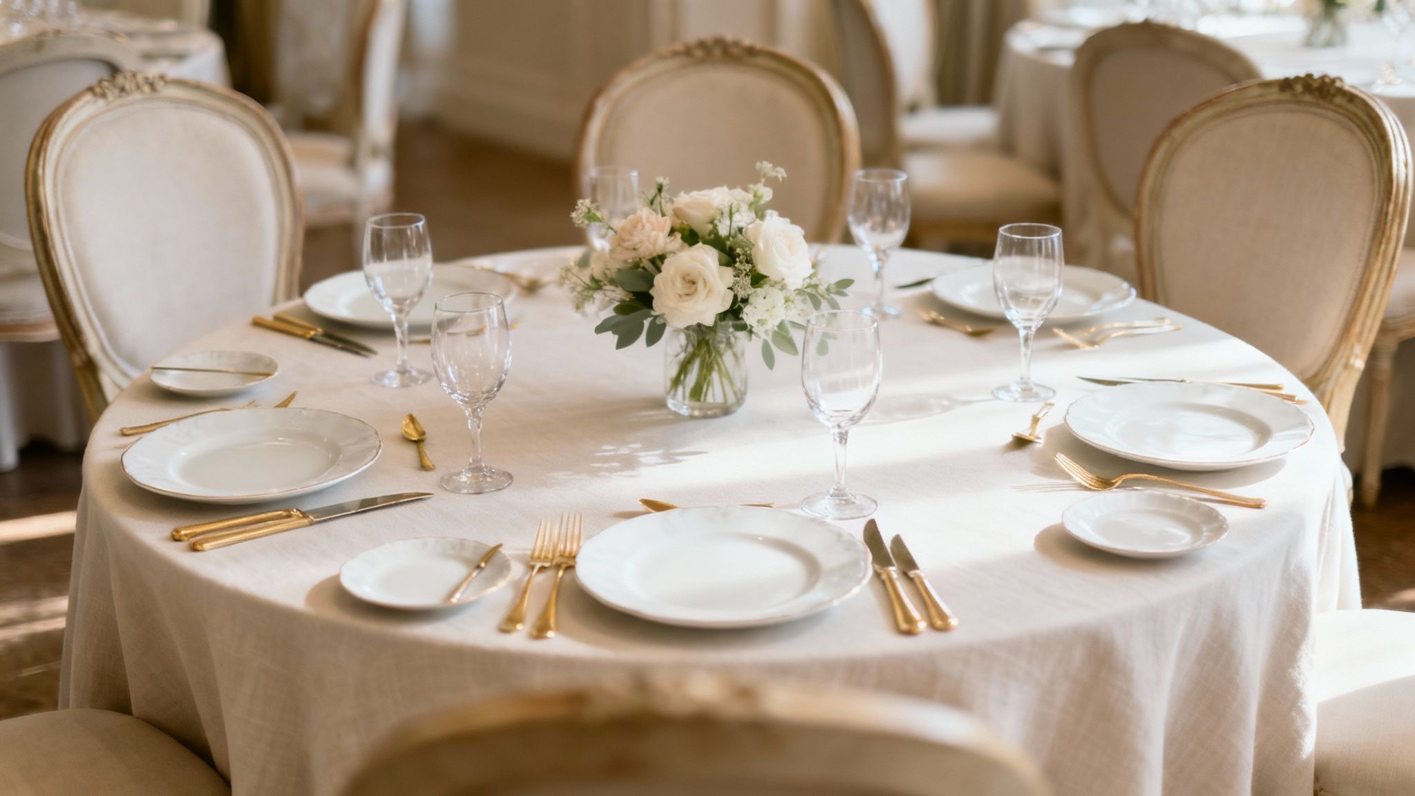 Rond gedekte tafel met witte borden, goudkleurig bestek, wijnglazen en een bloemstuk, klaar voor een elegante gelegenheid.