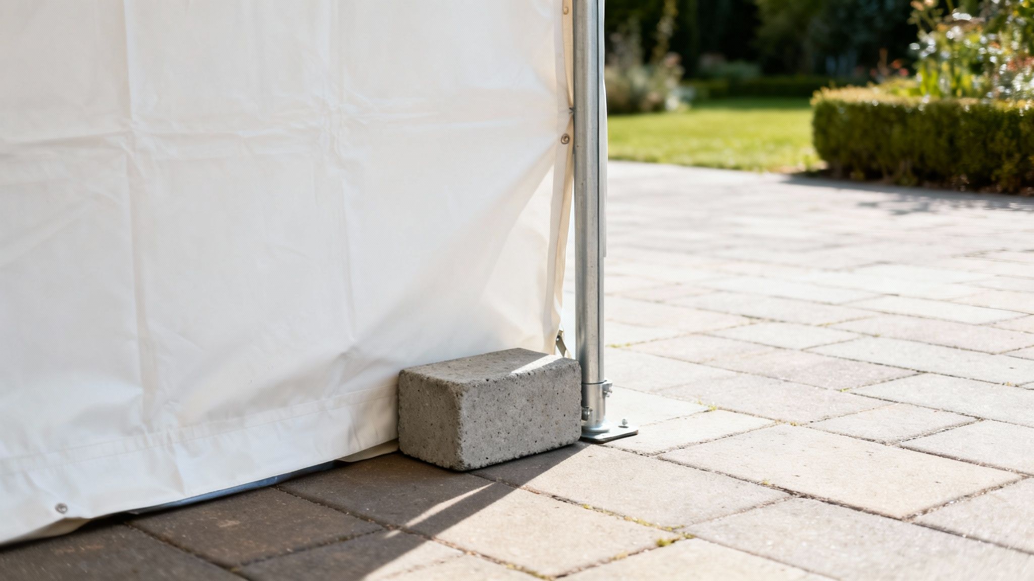 Een witte partytentwand wordt verstevigd door een grijs betonnen blok en een metalen paal op een terras.