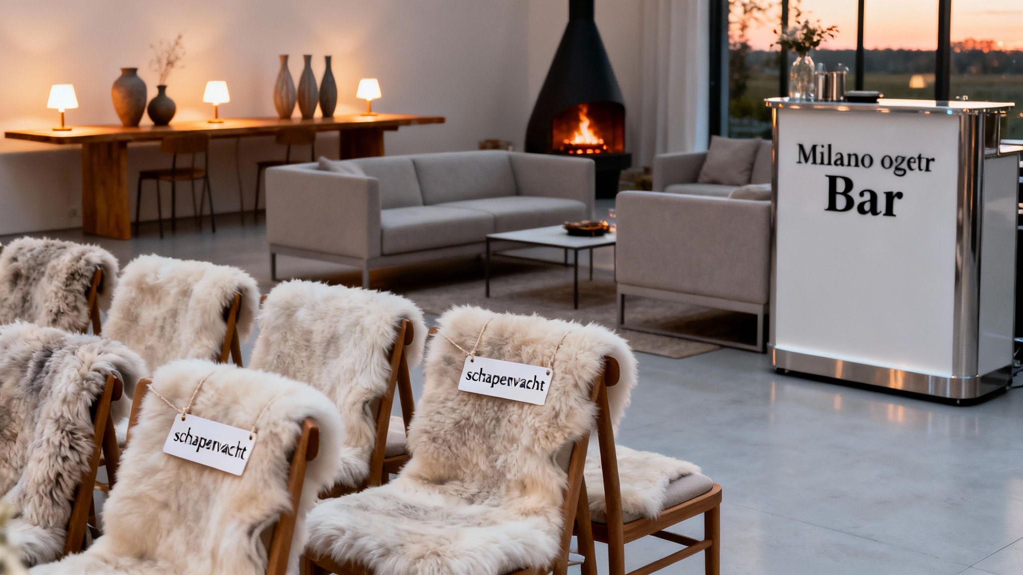 Sfeervolle evenementenruimte met comfortabele schapenvacht stoelen, een open haard, banken en een bar, ideaal voor verhuur.