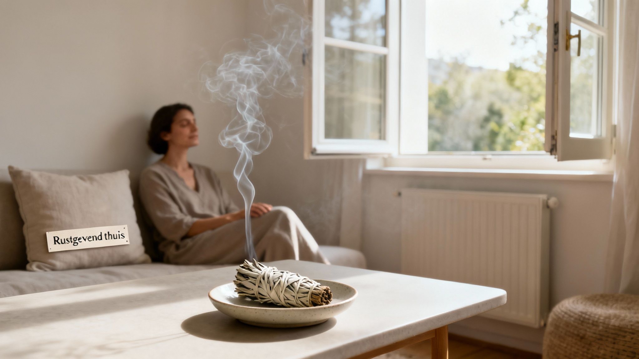 Vrouw ontspant op bank met brandende witte salie op tafel, creëert rustgevende sfeer thuis.
