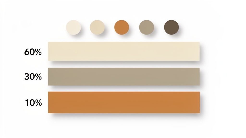 Een kleurenpalet met vijf cirkels en drie staven die kleurenpercentages tonen, 60% crème, 30% taupe en 10% oranjebruin.