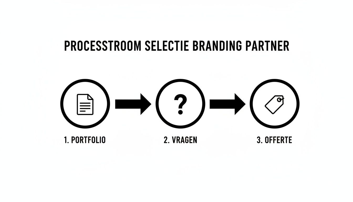 Visualisatie van de processtroom voor het selecteren van een branding partner, met stappen: portfolio, vragen en offerte.
