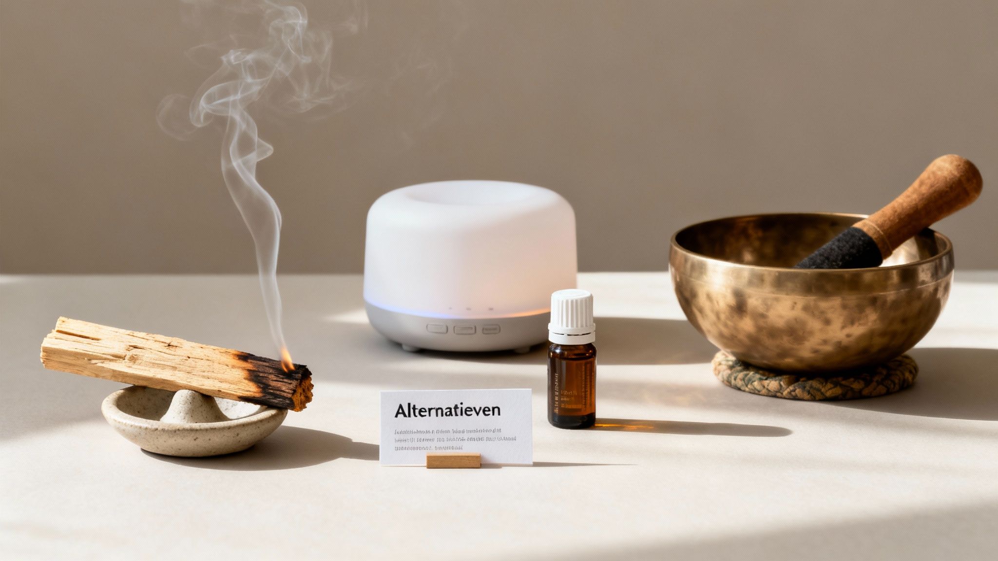 Diverse wellness items: brandend palo santo hout, een diffuser, flesje olie en een klankschaal.