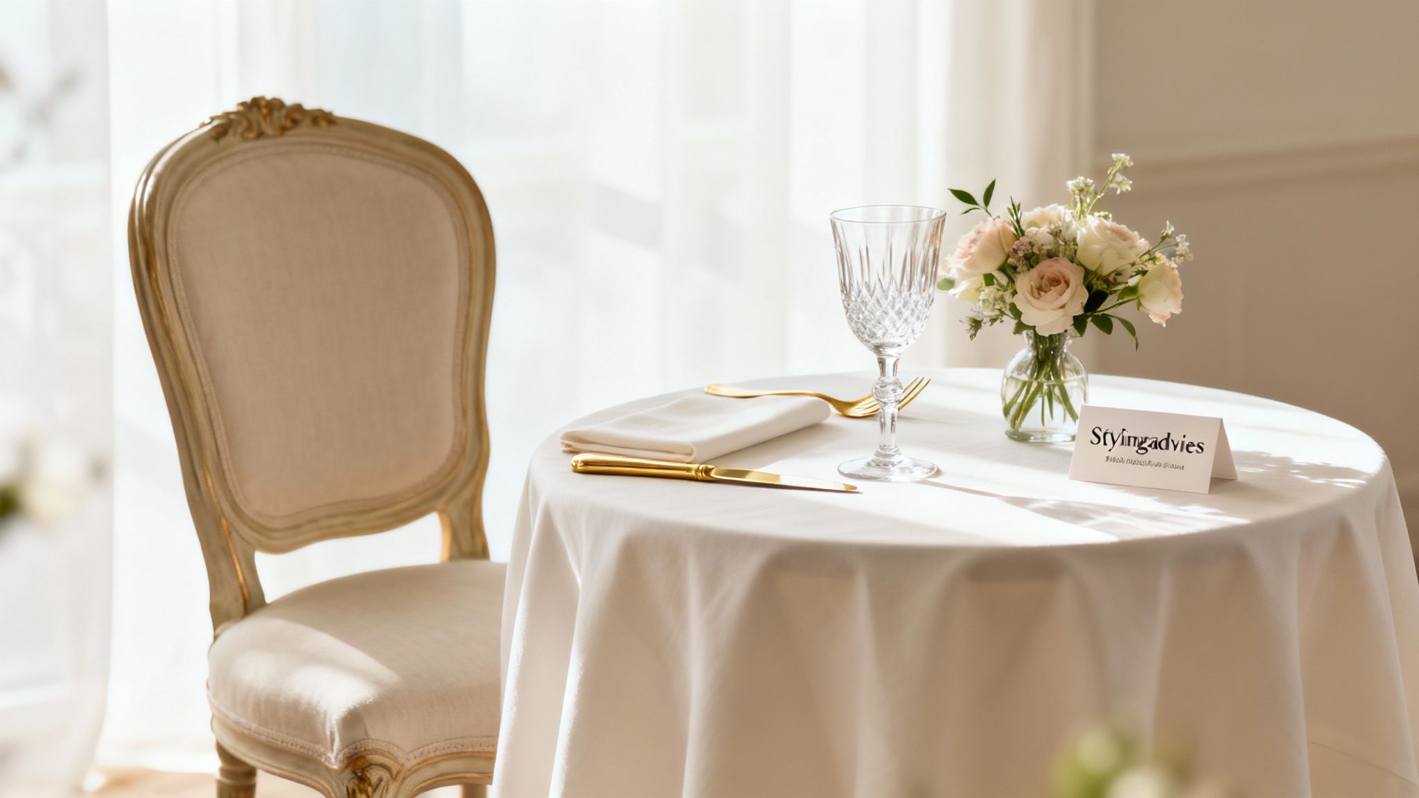 Sfeervol gedekte tafel met een klassieke stoel, bloemen en gouden details in een lichte ruimte.