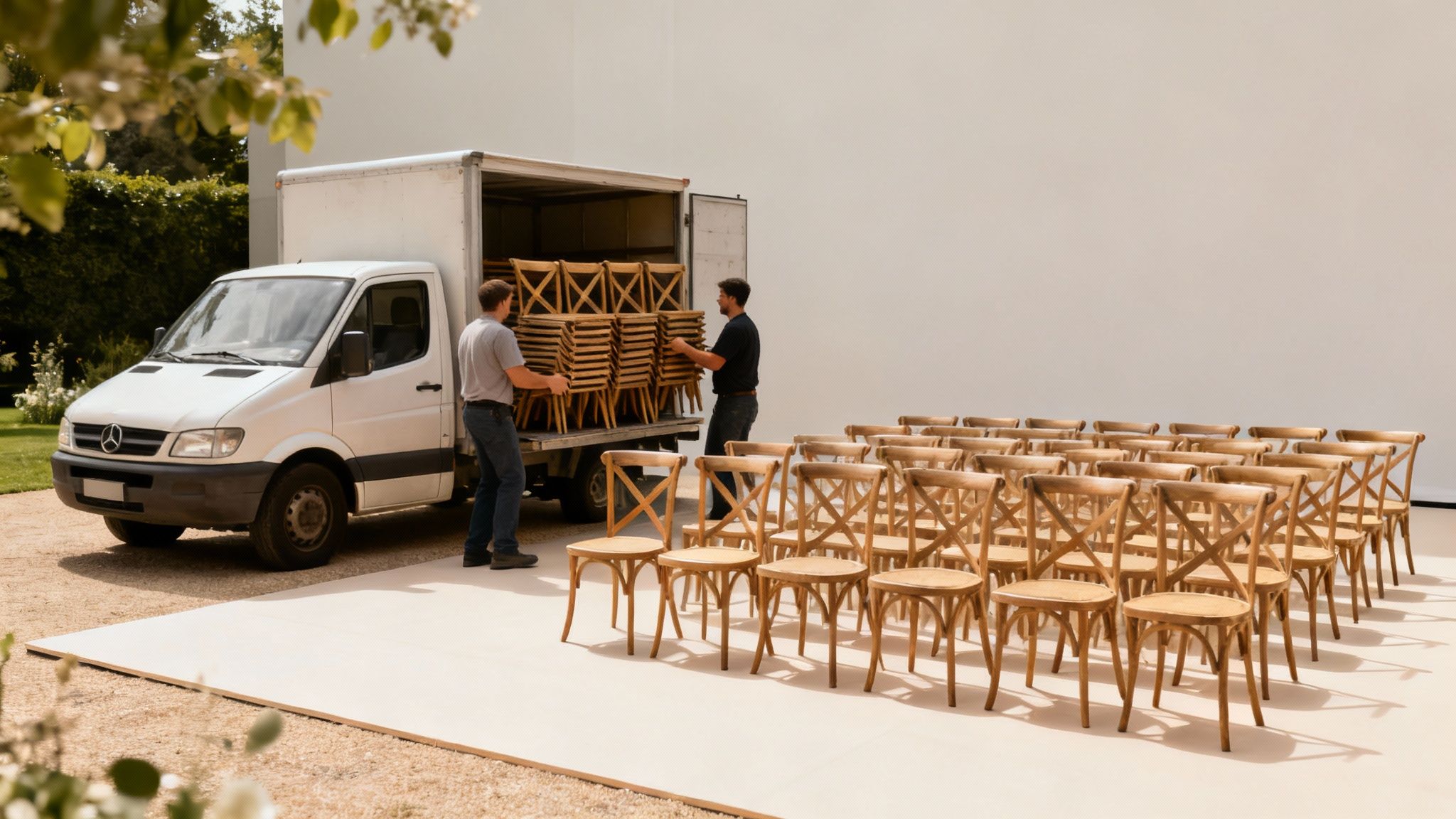 Team van Van Reusel Verhuur laadt crossback stoelen in voor transport naar een evenementlocatie