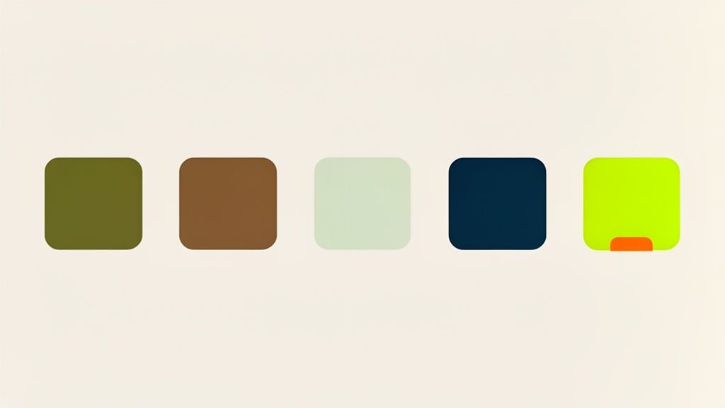 Vijf afgeronde kleurblokken in verschillende tinten, waaronder groen, bruin en blauw, op een lichte achtergrond.