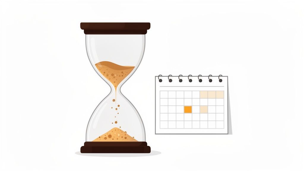 Een zandloper met vallend zand naast een kalender met gemarkeerde dagen, wat tijd en planning voorstelt.