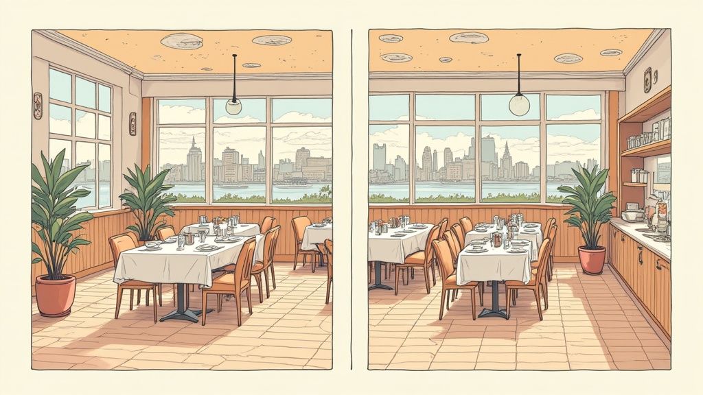 Twee restaurantinterieurs naast elkaar met gedekte tafels, planten en uitzicht op een stad aan het water.