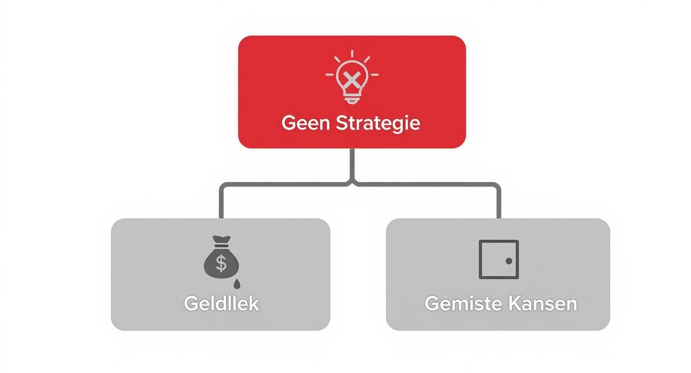 Stroomdiagram over de gevolgen van geen strategie: geldlek en gemiste kansen, met bijbehorende iconen.