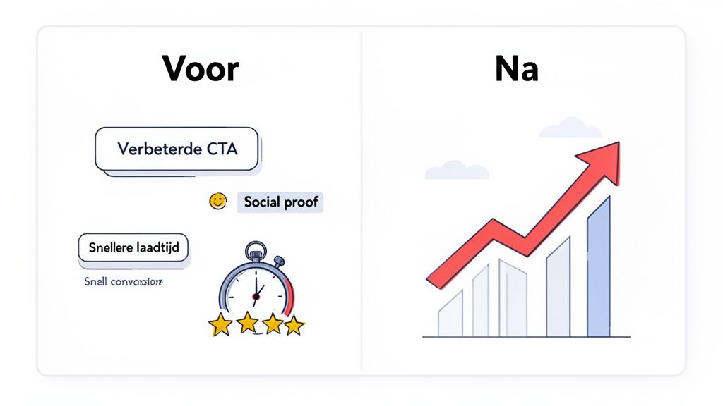 Visualisatie van website optimalisatie: 'Voor' toont verbeterde CTA, snellere laadtijd en social proof; 'Na' visualiseert conversiegroei met een opwaartse pijl.