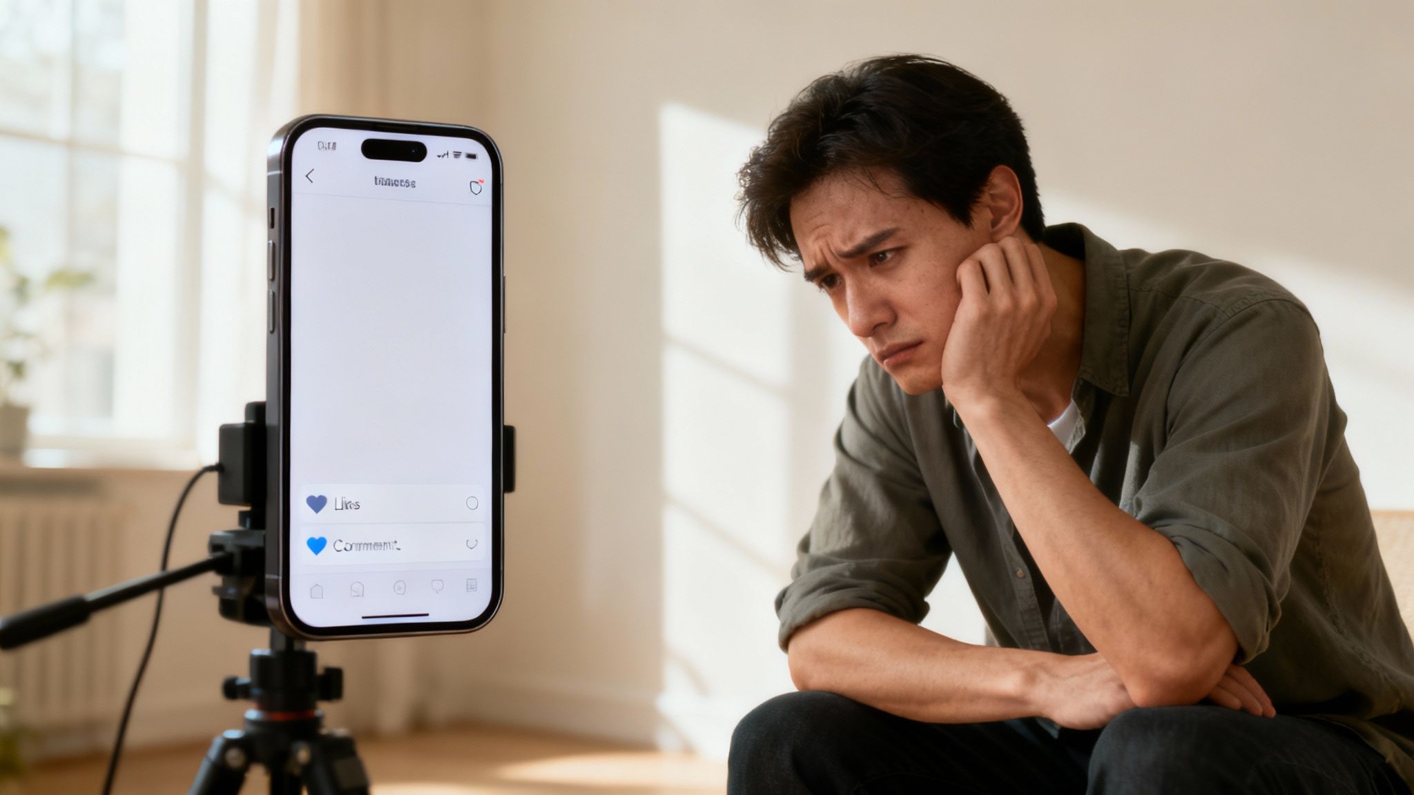 Iemand scrollt verveeld door een social media feed op een telefoon