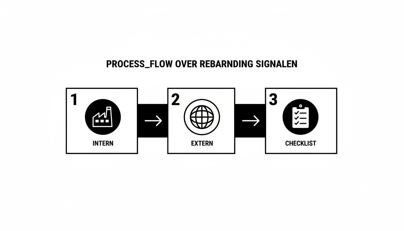 Procesflow voor rebranding signalen, inclusief stappen voor interne beoordeling, externe communicatie en een checklist.
