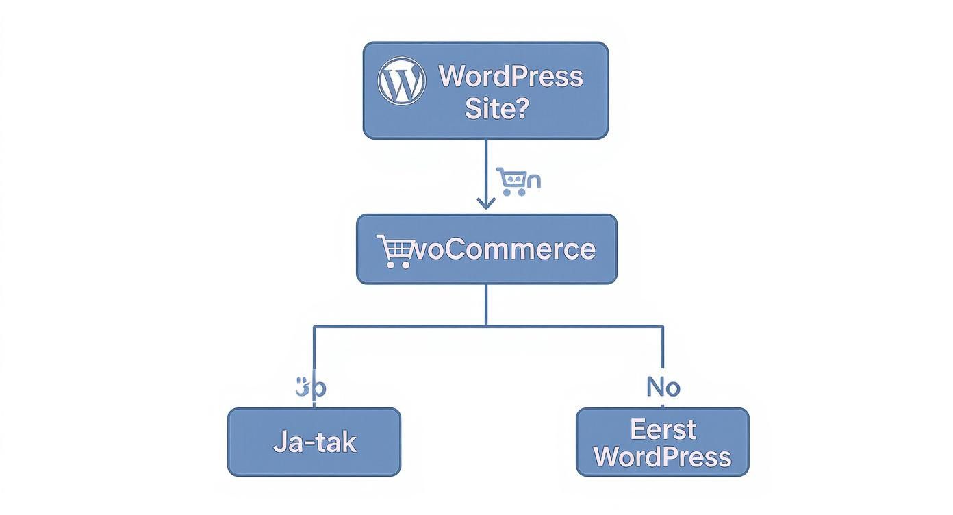 Dit is een flowchart die het proces voor het creëren van een WooCommerce webshop visualiseert, startend met WordPress.