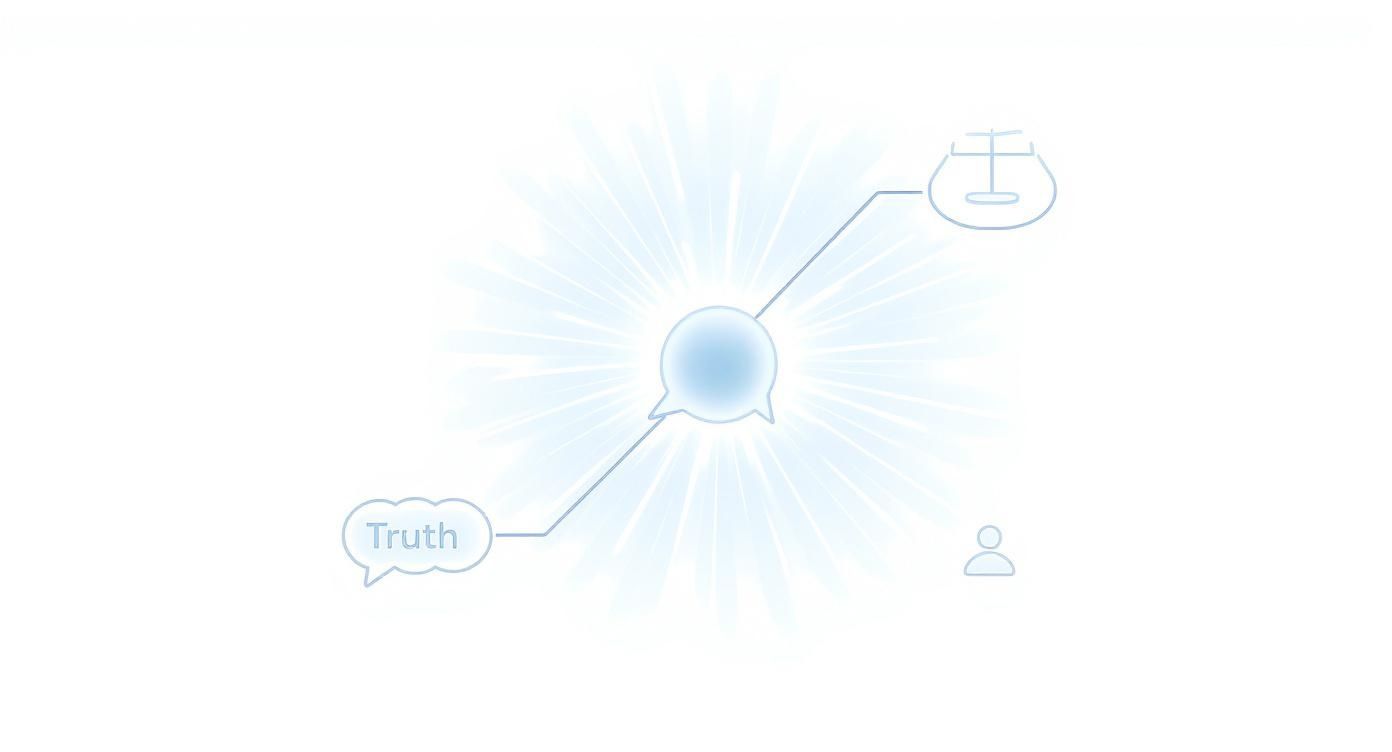 Een helderblauwe spraakbubbel met stralende gloed, verbonden met 'Truth', een weegschaal en een persoonssymbool.
