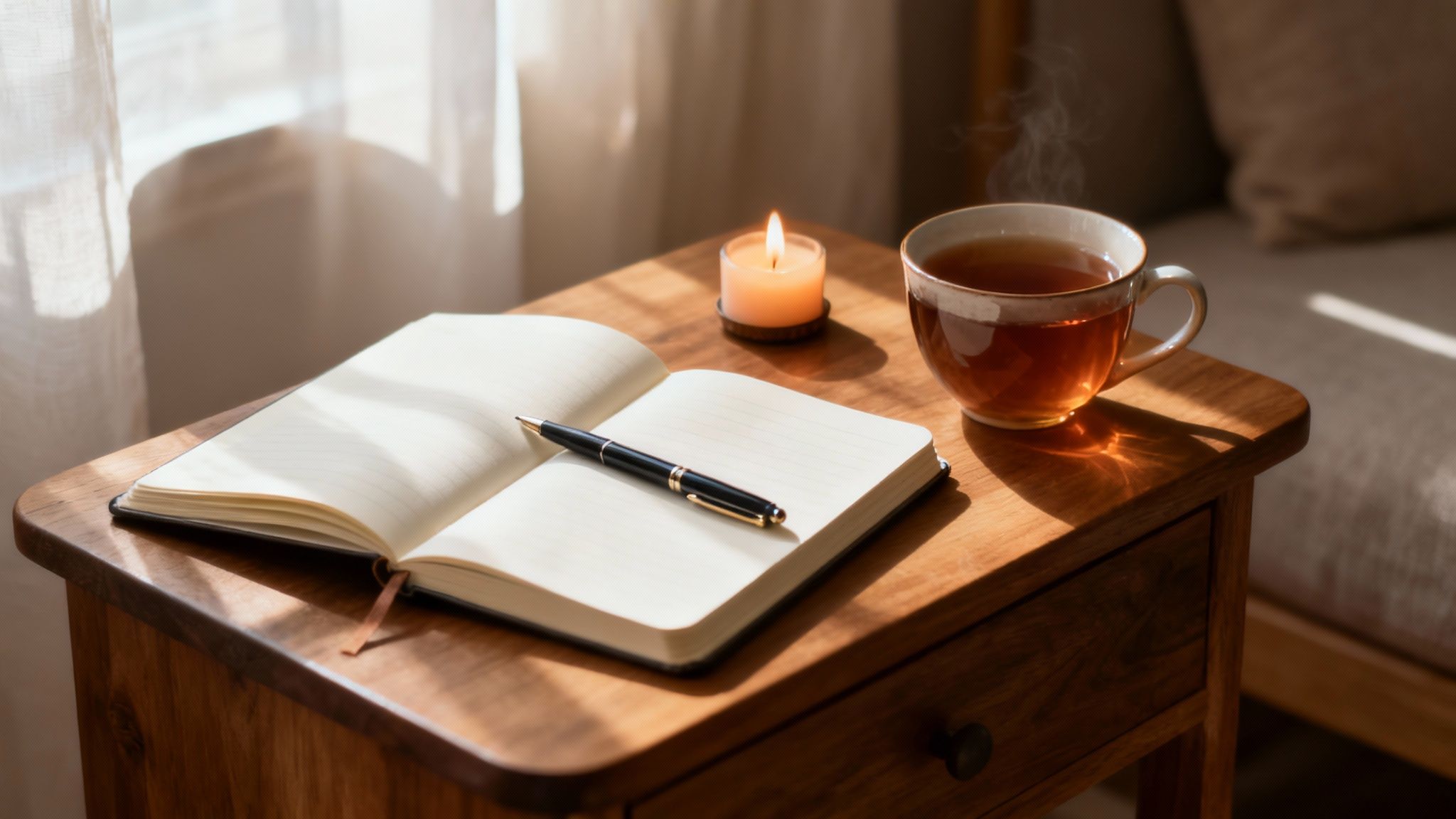 Open notitieboek met pen, thee en kaars op houten tafel voor zelfzorg en reflectie