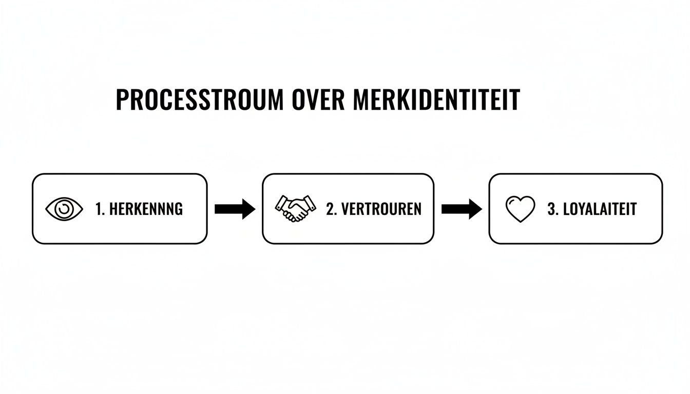 Processtroomdiagram van merkidentiteit met de stappen: herkenning, vertrouwen en loyaliteit.