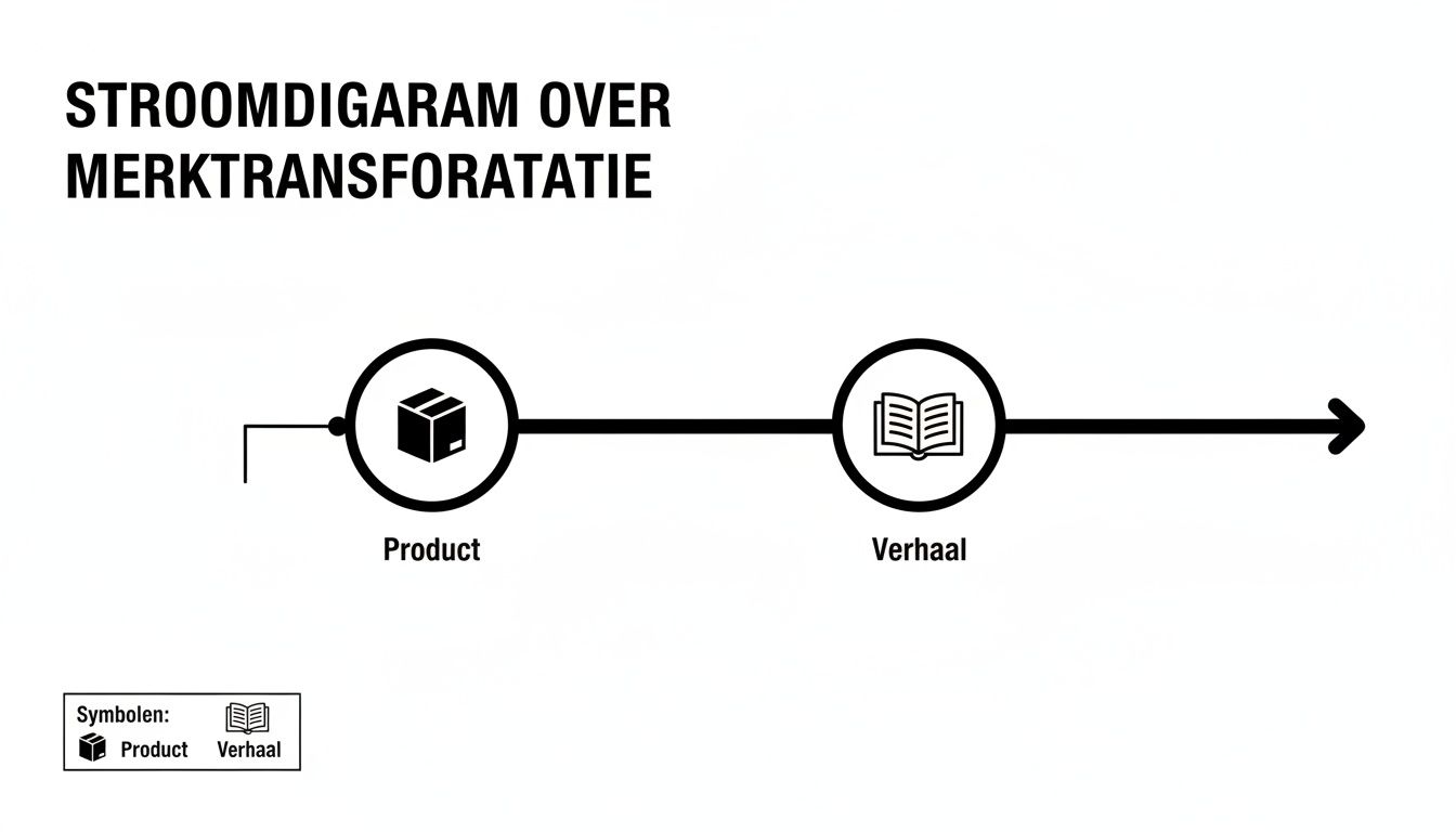 Stroomdiagram dat de transformatie van een product naar een verhaal in merkcommunicatie illustreert.