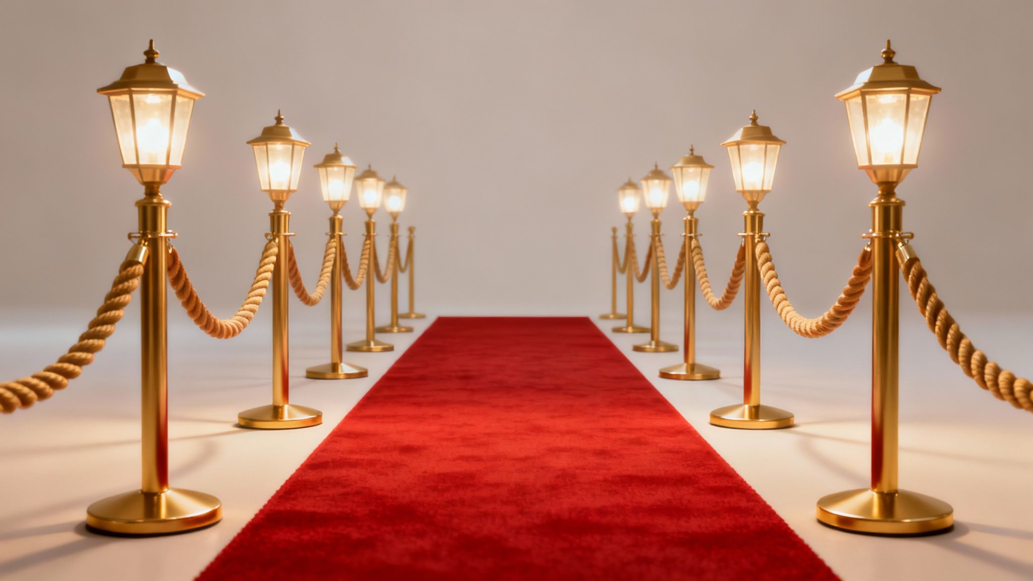 Afzetpaaltjes met chique rode koorden flankeren een rode loper, wat een luxe sfeer creëert.