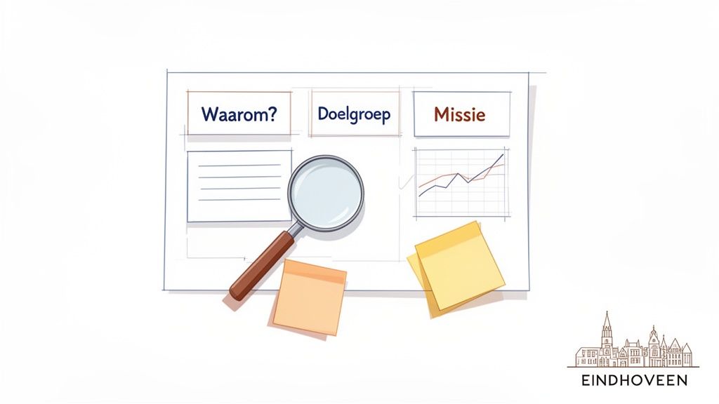 Een illustratie van een whiteboard met strategie-elementen zoals 'Waarom?', 'Doelgroep', 'Missie', inclusief een vergrootglas en grafieken.