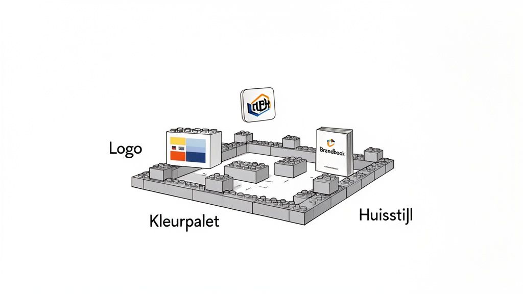 Illustratie van een logo, kleurpalet en huisstijl in een Lego-achtige structuur, met een zwevend DPX-logo.