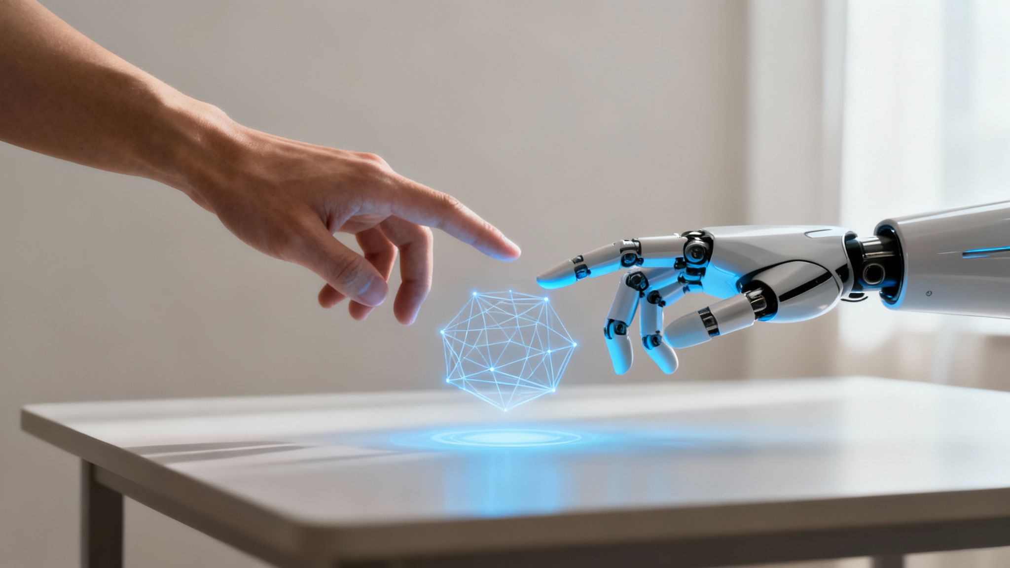 Een futuristisch beeld van een menselijke hand die samenwerkt met een robothand, wat de samenwerking tussen mens en AI symboliseert