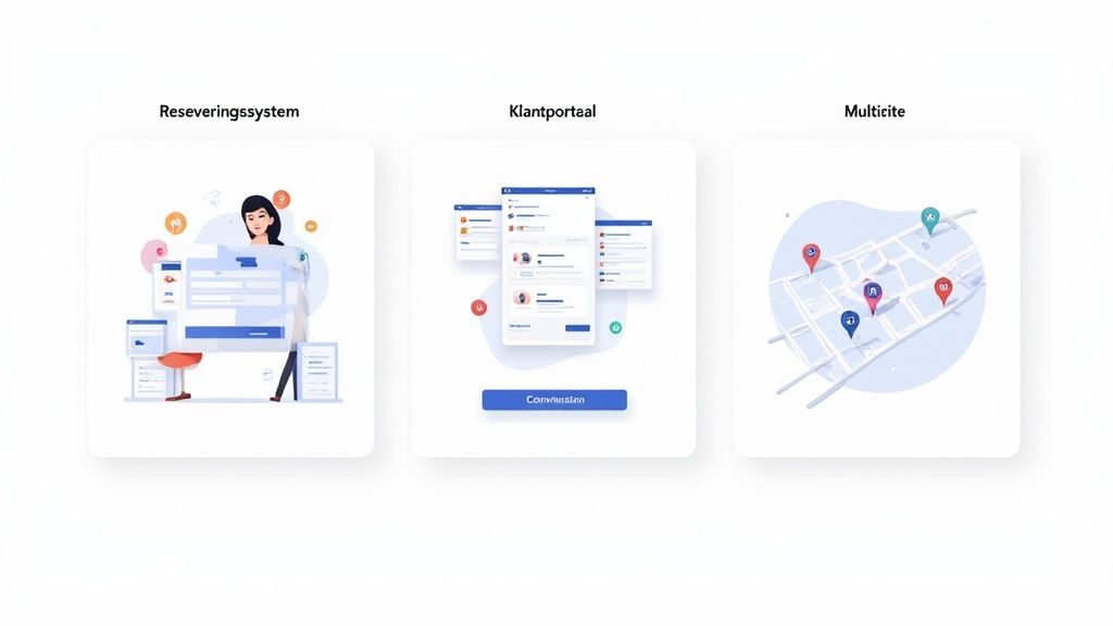 Drie illustraties tonen een reserveringssysteem, klantportaal en multicite locatiemanagement.