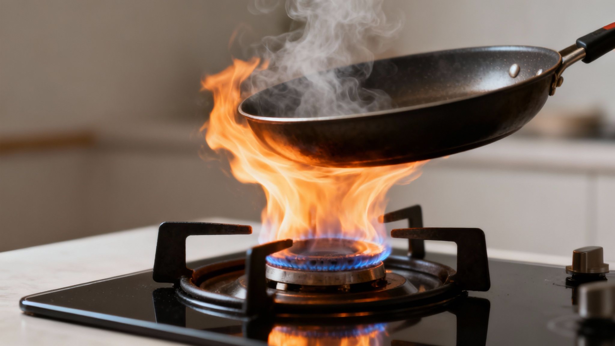 Close-up van een brandende gasbrander met een grote pan erop, in een buitenomgeving.