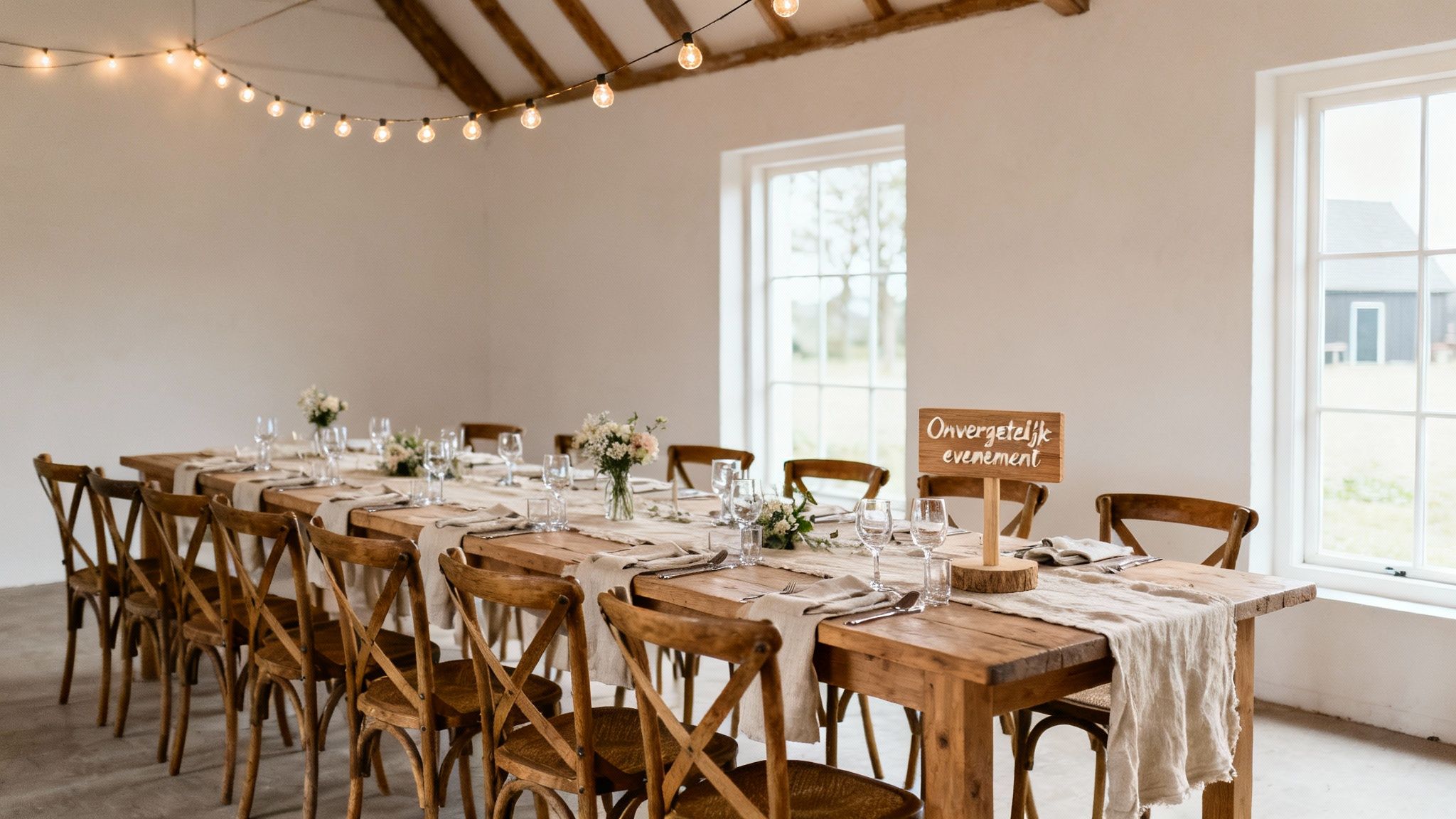 Een sfeervol ingerichte lange houten tafel voor een onvergetelijk evenement, compleet met feestverlichting en bloemen.