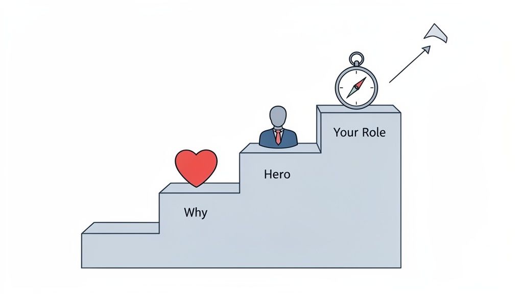 Een illustratie van een driestaps trap met symbolen en tekst: Waarom (hart), Held (persoon), Jouw Rol (kompas) naar een doel.