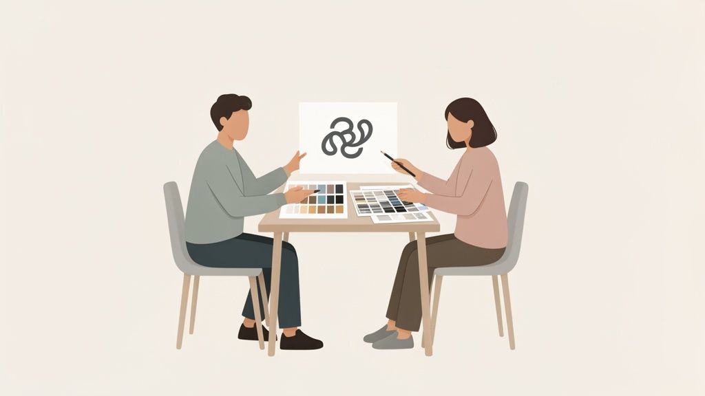 Twee ontwerpers bespreken een logo en kleurenpaletten aan een tafel, werkend aan een merkidentiteit.