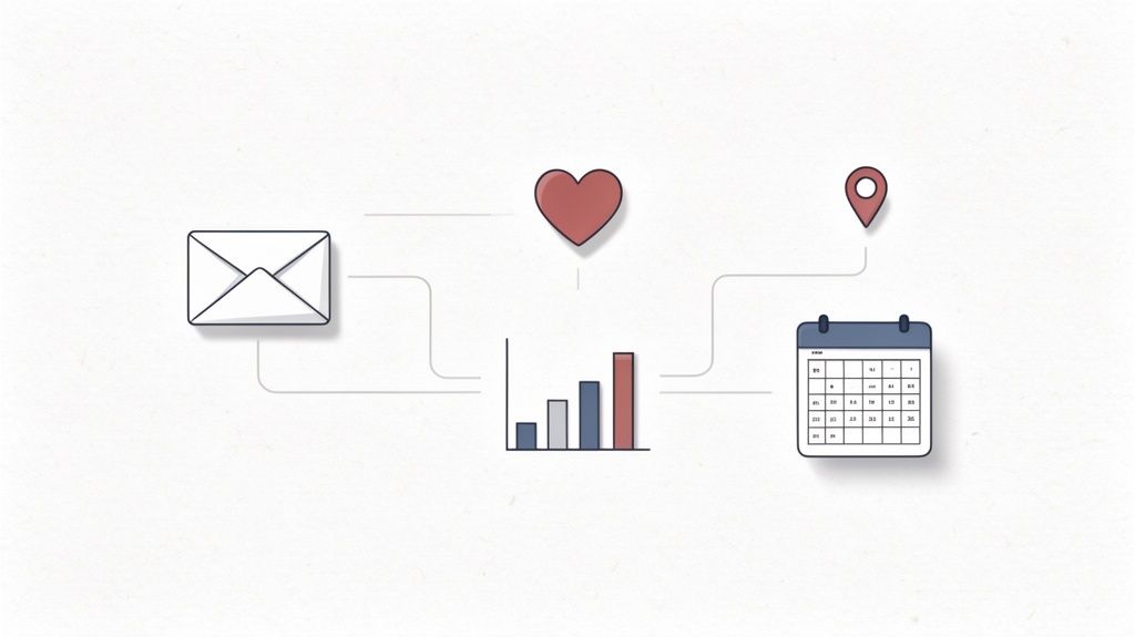 Een diagram toont een datastroom tussen e-mail, klantvoorkeuren (hart), statistieken (staafdiagram), locaties en een kalender.
