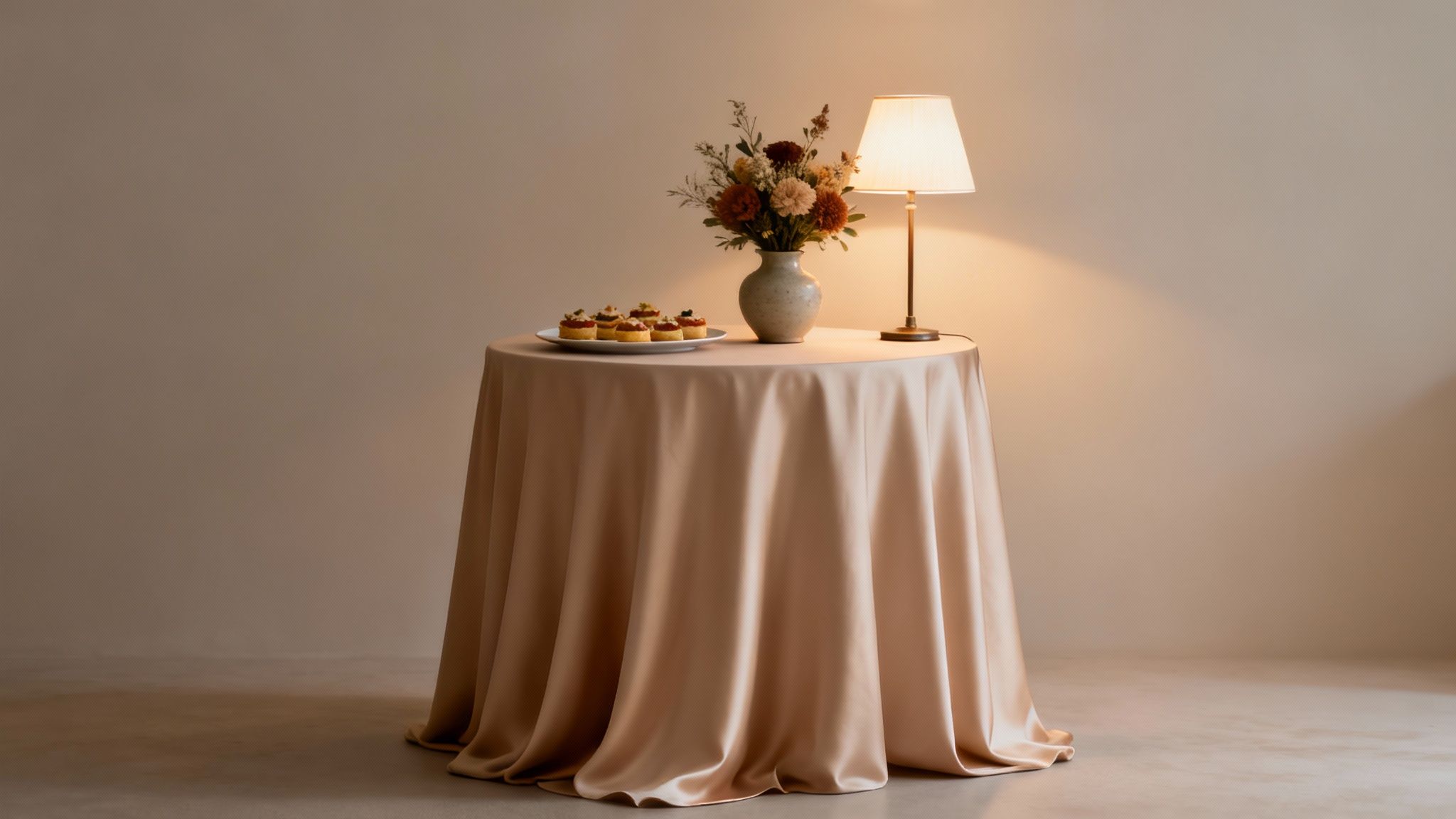 Een ronde tafel bedekt met een glanzend, beige tafellaken, waarop een vaas met bloemen, kleine gebakjes en een lamp staan.