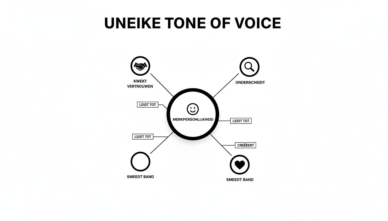 Diagram over unieke tone of voice, met merkpersoonlijkheid in het centrum en uitkomsten zoals vertrouwen, onderscheid en binding.