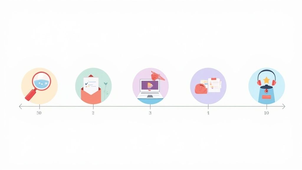 Een diagram van de vijf fases van de B2B klantreis, met iconen voor bewustwording, overweging, beslissing, service en loyaliteit.