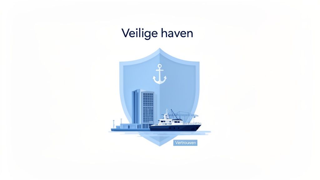 Een blauw schild met een anker, havengebouwen en een boot, symboliseert veilige haven en vertrouwen.