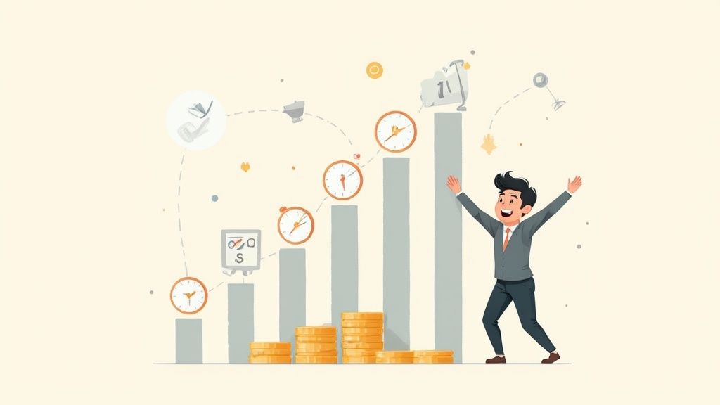 Zakenman viert financiële groei met stijgende grafiek, munten en tijdmanagement iconen